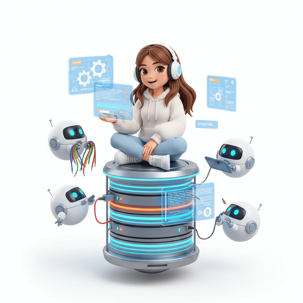 A futuristic server room with holographic dashboards and flowing data streams.